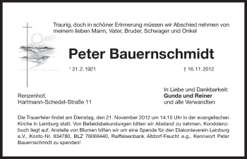 Traueranzeige von Peter Bauernschmidt von Pegnitz-Zeitung